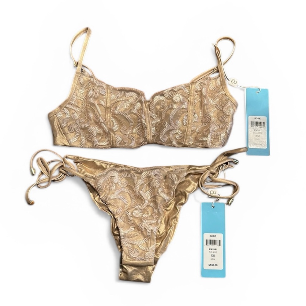 New Beach Bunny Metallic Rose Gold Bikini Small Top and XS Tie-Side Bottoms